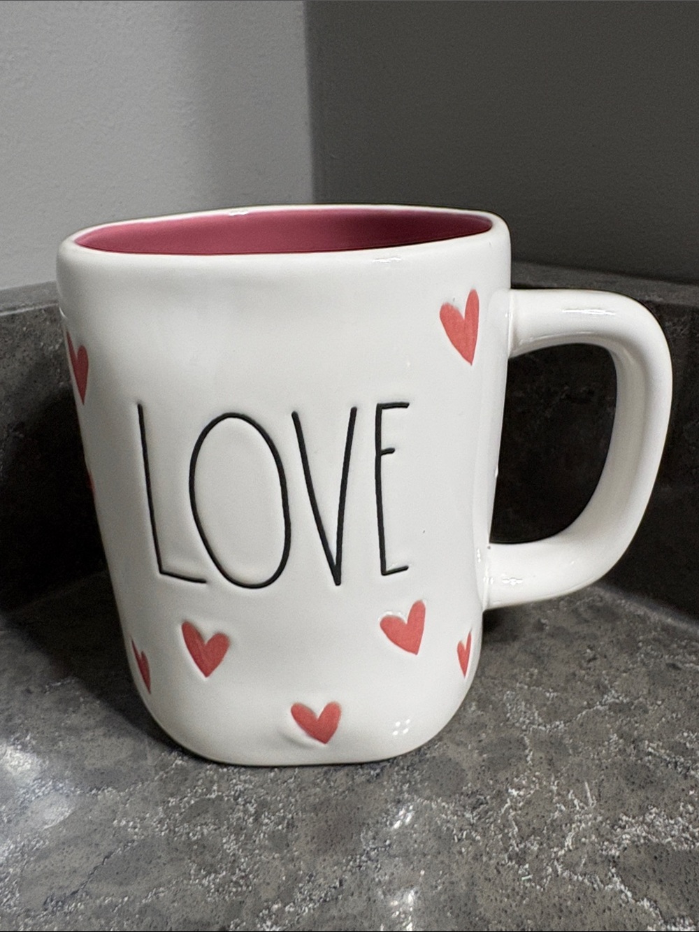 Rae Dunn White Ceramic Mug with Pink Hearts and Pink Interior